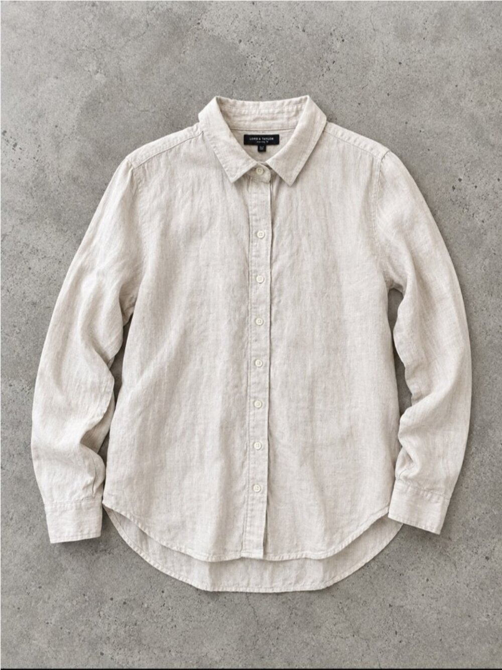 Lord & Taylor 100% Linen Button Front Blouse Petite PL Beige Long Sleeve Classic